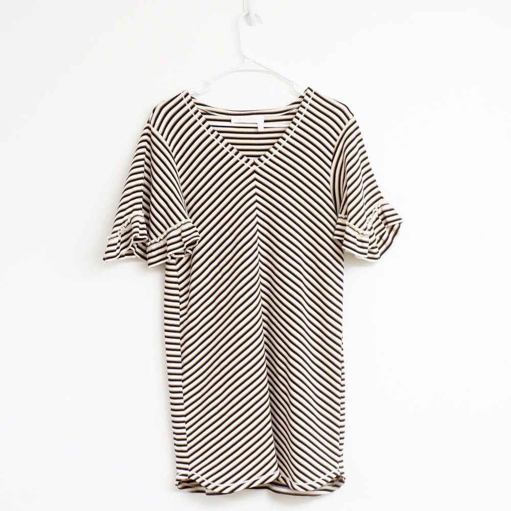 SALE SEE BY CHLOÉ  Striped Jersey Dress Ruffle Sleeve Beige L